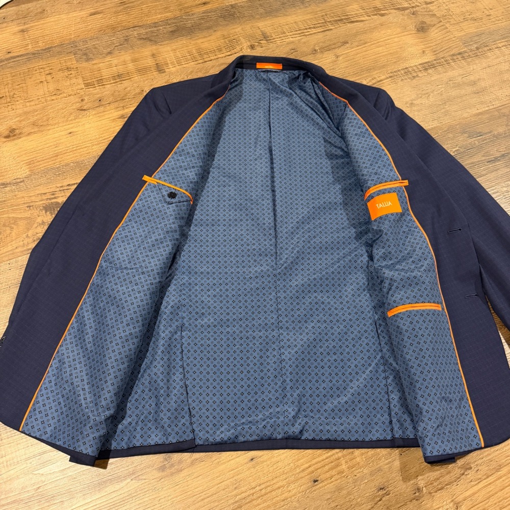 TALLIA Mens 46L Navy Blue Grid Pattern Blazer Poly Blend Stretch Jacket 2 Button - Picture 6 of 14